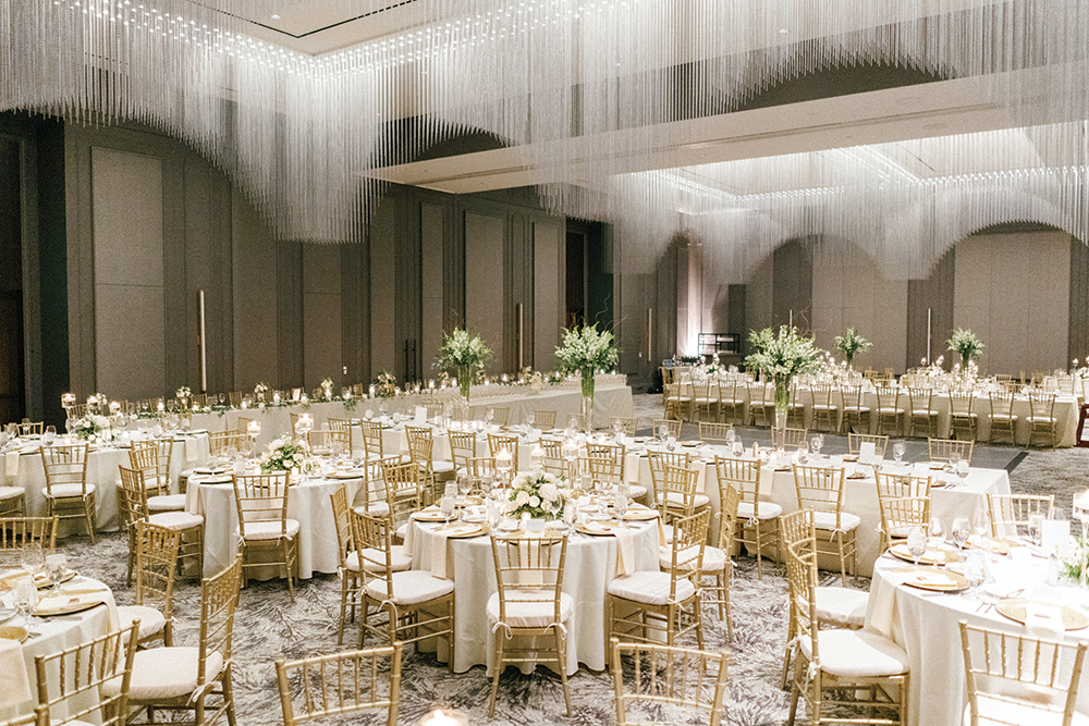 The lighting fixture in Salon, the modern ballroom, is a custom piece done by Yellow Goat Design. Other custom fixtures are throughout the hotel.